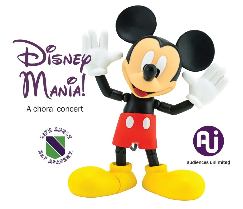 A friendly mouse waves next to text: "Disney Mania! A choral concert." AUI and L.A.D.A. logos are included.