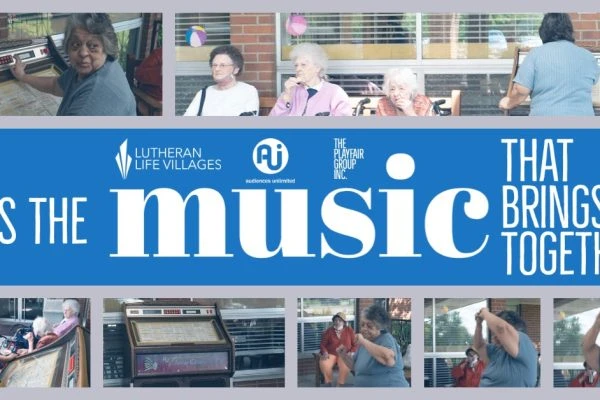 Text: It's the music that brings us together with images of nursing home residents listening to a jukebox